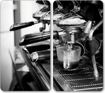 A black and white close-up collage of an espresso machine, showing the portafilters on the left and espresso being brewed into a glass on the right.