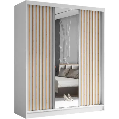 Produktbild von Schwebetürenschrank HELIX 180cm Weiß /Eiche Artisan – 3-türig, Kleiderschrank mit Lamellen & Spiegel & Schiebetüren