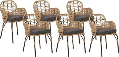 Produktbild von BELIANI Gartenstuhl 6er Set Natürlich PE-Rattan mit Schwarzem Metallgestell Armlehnen Auflage Graphitgrau Boho Garten Terrasse Ausstattung Möbel