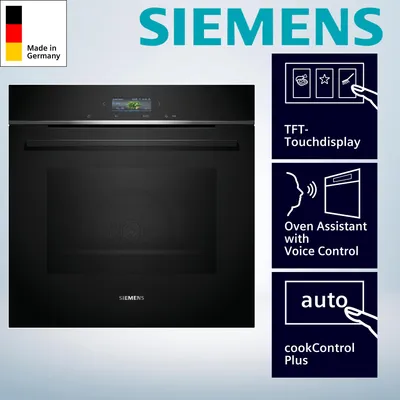 A marketing image for a Siemens oven, showcasing its features.