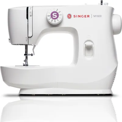 A white SINGER M1600 sewing machine is shown from the front on a white background.