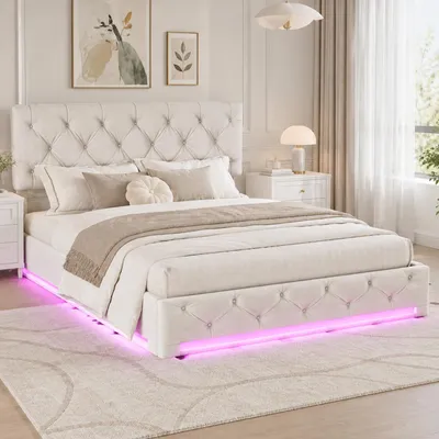 Produktbild von INONEFT Polsterbett 160x200cm mit LED, Boxspringbetten Doppelbett mit Stauraum, Jugendbett mit Lattenrost, Hydraulisches Stauraumbett, Leinen,Off-weiß