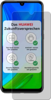 A smartphone screen displaying marketing information about Huawei's "Future Promise" with icons and text.
