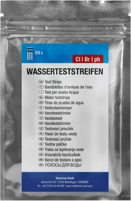 A sealed pouch of water test strips.