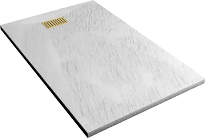 Image de Receveur de douche Blanc Effet Pierre 90x140 cm et Grille décor Linéaire Or Doré Brossé
