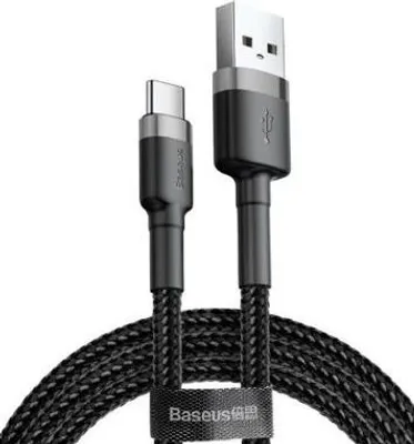 A close-up studio shot of a black and gray USB-A to USB-C charging cable against a white background.