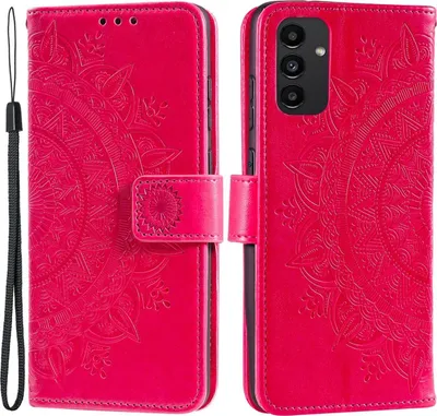A pink flip case for a Samsung Galaxy A13 4G phone, decorated with a mandala pattern, shown open and closed.