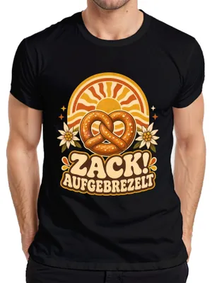Zdjęcie produktu dla Zack! Koszulka z nadrukiem "Brezel Edelweiß", bawarska odzież regionalna, spodnie skórzane męskie, T-shirt, czarny, rozmiar 3XL