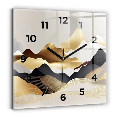 Obrázok produktu pre Wallfluent Hodiny - Sklenené Nástenné Hodiny - Tichý Quartz Strojček - Nástenná Dekorácia Spálňa Kuchyň - Čierna Ruky - 30x30 cm - Abstraktné zlaté hory