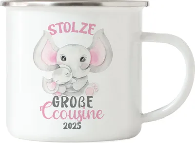 Produktbild von Stolze Große Cousine 2025 Emaille Tasse Family Familien Zusammenhalt Geborgenheit Beschützerin Liebe Elefanten