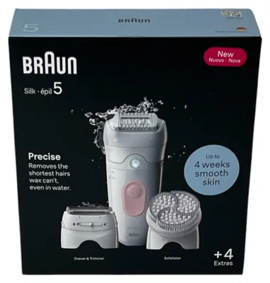 Zdjęcie produktu dla BRAUN Silk Epil 5-060 – depilator damski zapewniający długotrwałe usuwanie włosów + nasadka trymera + nasadka peelingująca, kolor biały / różowy flamingo