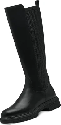 A black knee-high boot is shown against a white background.