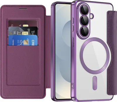 Produktbild von Klapphülle für Samsung Galaxy S26 Kompatibel mit Magsafe, Klar Überzug Kartenhalter Ledertasche mit Kameraschutz Lila
