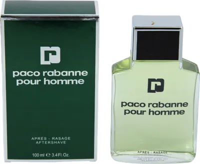 A bottle of Paco Rabanne Pour Homme aftershave and its packaging are displayed side-by-side against a white background.