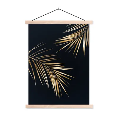 Produktbild von MuchoWow® Textilposter Blätter - Pflanzen - Gold - Schwarz - Luxus 40x53 cm mit holzfarbenen Rahmen - Schlafzimmer