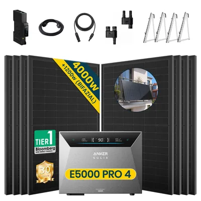 Produktbild von Balkonkraftwerk 4000W (8x500W) mit Anker Solix Solarbank 4 E5000 Pro, Mit Balkon Halterung