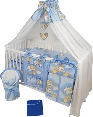 Image de HAPPY 16 pièces lit bébé lit et literie set complet réglable en hauteur en bois massif pour nouveau-nés et jeunes enfants (bleu ours en peluche sur échelle)