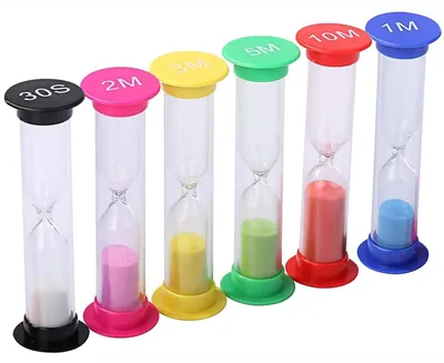 Produktbild von Sanduhr Set - 6-teilig mit 30 Sekunden, 1 Minute, 2 Minuten, 3 Minuten, 5 Minuten und 10 Minuten Laufzeit - Zeitmesser für Schule, Haushalt und Spiele - Bunt
