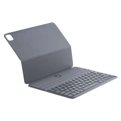 A gray tablet keyboard case is shown from a diagonal angle against a white background.