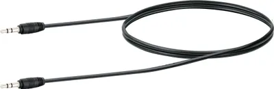 A black audio cable with 3.5mm jack connectors on both ends, laid out on a white background.