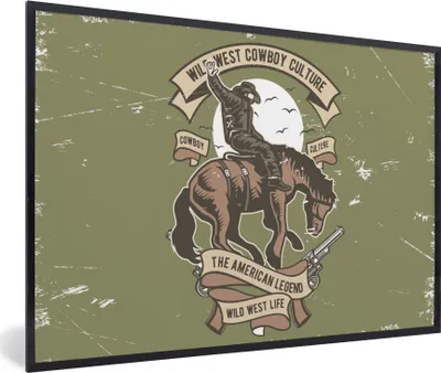 Produktbild von MuchoWow® MuchoWow® Gerahmtes Poster Pferde - Cowboy - Retro - Zeichnung 90x60 cm - Poster mit zchwarzem Bilderrahmen - Fotorahmen - Foto-Plakat