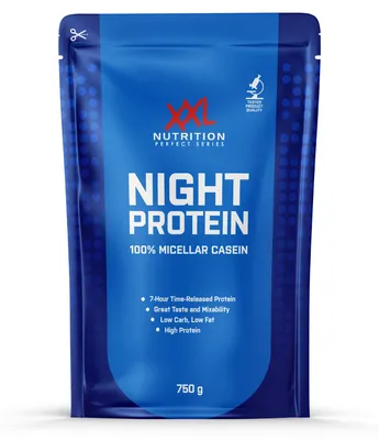 Produktbild von Casein Protein Pulver Nachtprotein | XXL Nutrition Night Protein Erdbeere Banane 750 g | Micellar Casein Eiweißpulver Shake für Muskelerhalt über