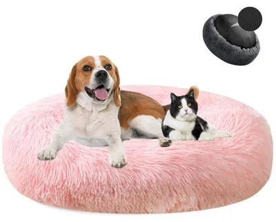 Image de Lit pour chien en forme de donut, en peluche, lavable, doux, pour chiens et chats, diamètre 80 cm, rose clair