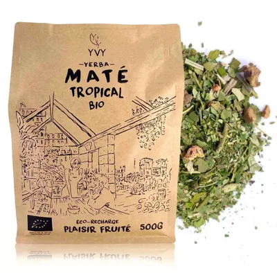 Productafbeelding van YVY MATÉ – Biologische Yerba Mate Tropical, 500 g – Biologische vruchten, mild en fruitig, niet gerookt – stimulerend voor elke dag