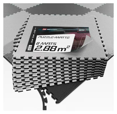Produktbild von Hop-Sport Puzzlematte Set 4er, 8er oder 12er - Extra dicke Unterlegmatte für Fitnessgeräte als rutschfester Bodenschutz - Größe 60 x 60 x 2 cm (schwarz/grau, 8 Stück)