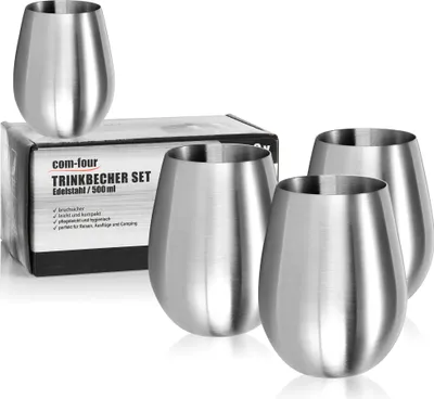 Produktbild von com-four® 4x Weinglas aus Edelstahl - Weinbecher 500 ml für Reisen - Edelstahl-Becher To Go - Stielloser Wein-Kelch - Reisebecher BPA-frei