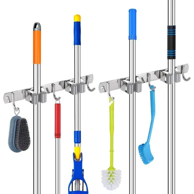 Immagine prodotto di Supporto a parete per spazzole, 2 pezzi, acciaio inossidabile, con 2 supporti e 3 ganci, colore grigio