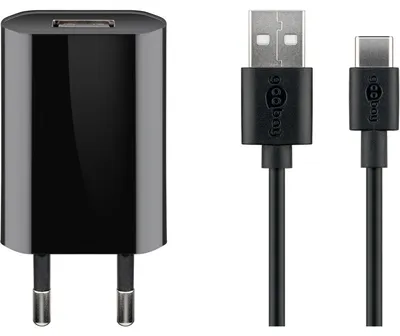 Produktbild von Goobay USB-C-Ladeset (5 W), Netzteil mit USB-C-Kabel, 1 m, schwarz, Drinnen, AC, 5 V, 1 m, Schwarz