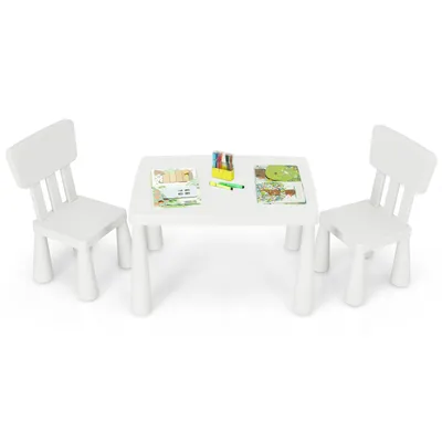 Produktbild von COSTWAY 3 tlg. Kindersitzgruppe, Kindertischgruppe, Kindertisch mit 2 Stühlen, Kindermöbel aus Kunststoff, Kinder-Tischset für Kinderzimmer Weiß