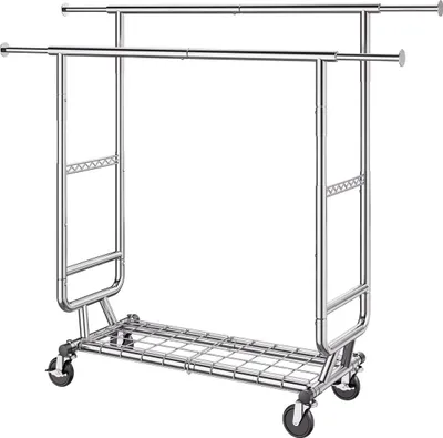Productafbeelding van Robuuste kledingrek, dubbele ophangstang voor het ophangen van kleding, verstelbare hoogte en uitbreidbare lengte, met opbergruimte aan de onderkant. Draagvermogen: 600 lbs