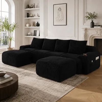 Produktbild von Modulares Cordsofa - 4-Sitzer mit 2 Hockern, Schwarz - Frei kombinierbar - Inklusive Getränkehalter und Aufbewahrungstasche