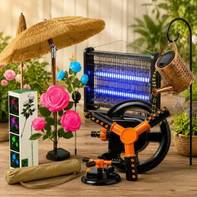 Produktbild von Solar-Gartenbeleuchtungsset (5-teilig) – Rosenlampe, Gießkannenlampe, Sonnenschirm und Insektenvernichter