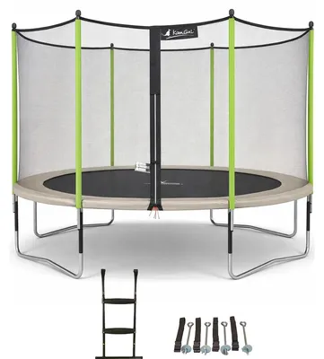 Image de KANGUI Trampoline de jardin 365 cm + filet de sécurité + échelle + kit d'ancrage JUMPI Taupe/Vert 360