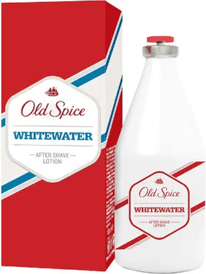 A bottle of Old Spice Whitewater After Shave Lotion and its packaging are displayed against a white background.