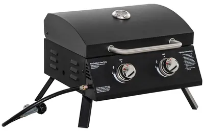 Produktbild von Tischgrill Gasgrill BBQ mit 2 Brennern mobiler Grillwagen Grillnetz klein Outdoor Tischgasgrill Picknick mit Druckminderer Schlauch Edelstahl Schwarz 55 x 46,5 x 41 cm