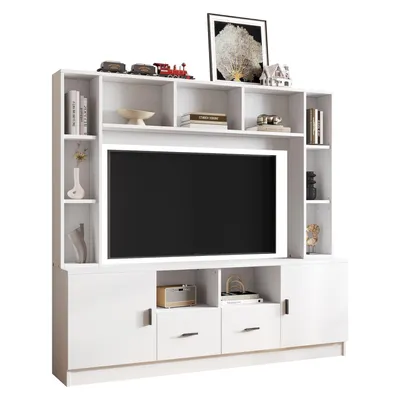 Produktbild von TV Wohnwand-set mit Vitrine,Mediawand inkl.TV-Board-set und Regal,TV Wohnzimmermöbel-Set mit 2 Schränke, 2 Schubladen , 11 Staufächer, Anbauwand