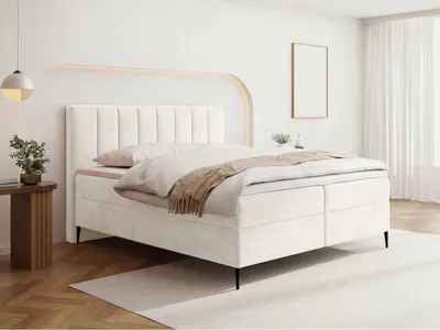 Produktbild von Boxspringbett mit Bettkasten – Polsterbett 180 x 200 cm mit H4 Taschenfederkern 7-Zonen Matratze & 5 cm Topper – Stauraumbett mit hohem Kopfteil & Metallfüße – Samt Velours Creme