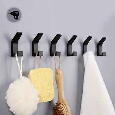 Obrázek produktu pro Držák na ručníky bez vrtání, háčky na ručníky pro montáž na zeď, balení 6 kusů, samolepicí háčky do koupelny, na ručníky, kabáty, nástěnné háčky z nerezové oceli (černá barva)