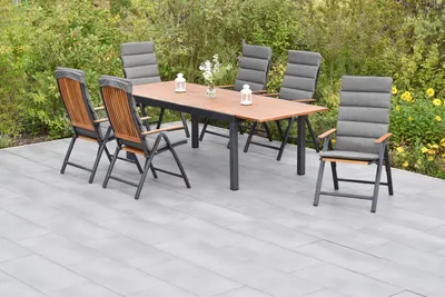 Produktbild von Merxx Gartenmöbel Set Athos 13tlg., 6 Klappsessel inkl. Kissen, Ausziehtisch 180 (250) x 100 cm- Aluminium/Akazie/Textil