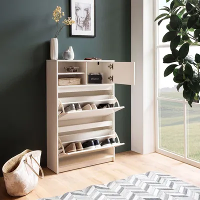 Obrázok produktu pre FineBuy Skriňa na topánky, biela, 71 x 110 x 24 cm, skriňa s výklopným dnom, uzavretá, moderná komoda na topánky, skriňa do predsiene s odkladacím priestorom, úložný priestor na topánky, komoda do predsiene na topánky