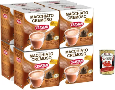 Produktbild von Crastan, 80 Kapseln, 8 Kisten aus 10 Kapseln Macchiato e cremoso Geschmack, Kapseln, die mit süßem Geschmack kompatibel sind, um zu süßen zu schmecken + Italian Gourmet polpa 400g