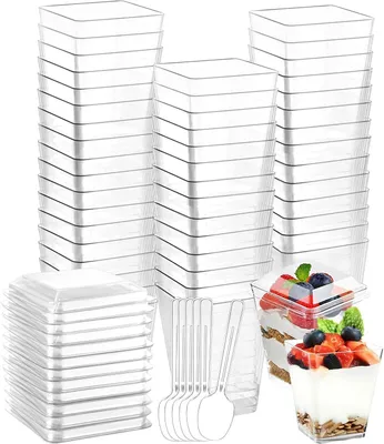 Imagen del producto de Vasos de plástico para postres, de 160 ml, con tapa y cuchara, paquete de 50 unidades