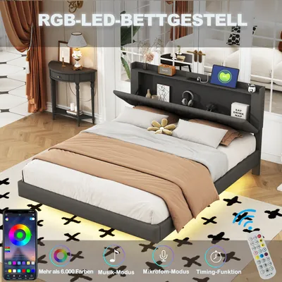 Produktbild von MODFU Polsterbett 160x200cm mit LED-Beleuchtung und USB-Anschluss, Doppelbett mit Stauraumkopfteil, Grau(Ohne Matratze)