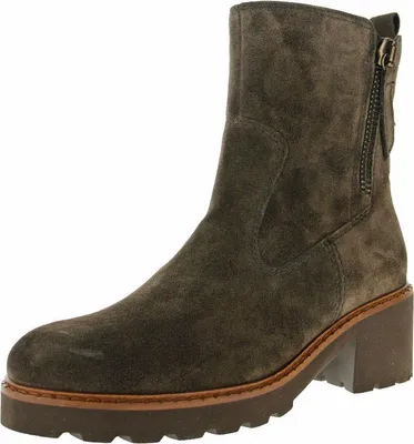A single brown suede boot is shown against a white background.