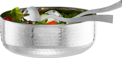 Produktbild von Relaxdays Salatschüssel Set, 3-teilig mit Salatbesteck 30 cm, Edelstahl, spülmaschinenfest, runde Schale ∅ 28 cm, silber
