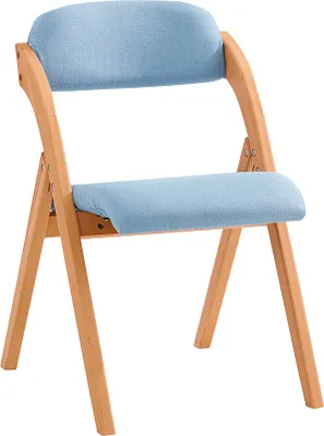A light blue upholstered folding chair with a wooden frame, shown against a white background.